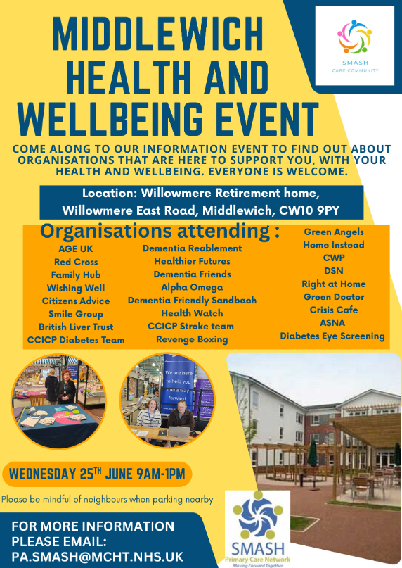 Need support with health or caring? Chat with 30+ local services! 
🟡 Middlewich Health &amp; Wellbeing Event 
📅 June 25 | 🕘 9am–1pm 
📍 Willowmere Retirement Home, CW10 9PY 
🆓 Free | 👥 Everyone welcome 
Find out more: pa.smash@mcht.nhs.uk