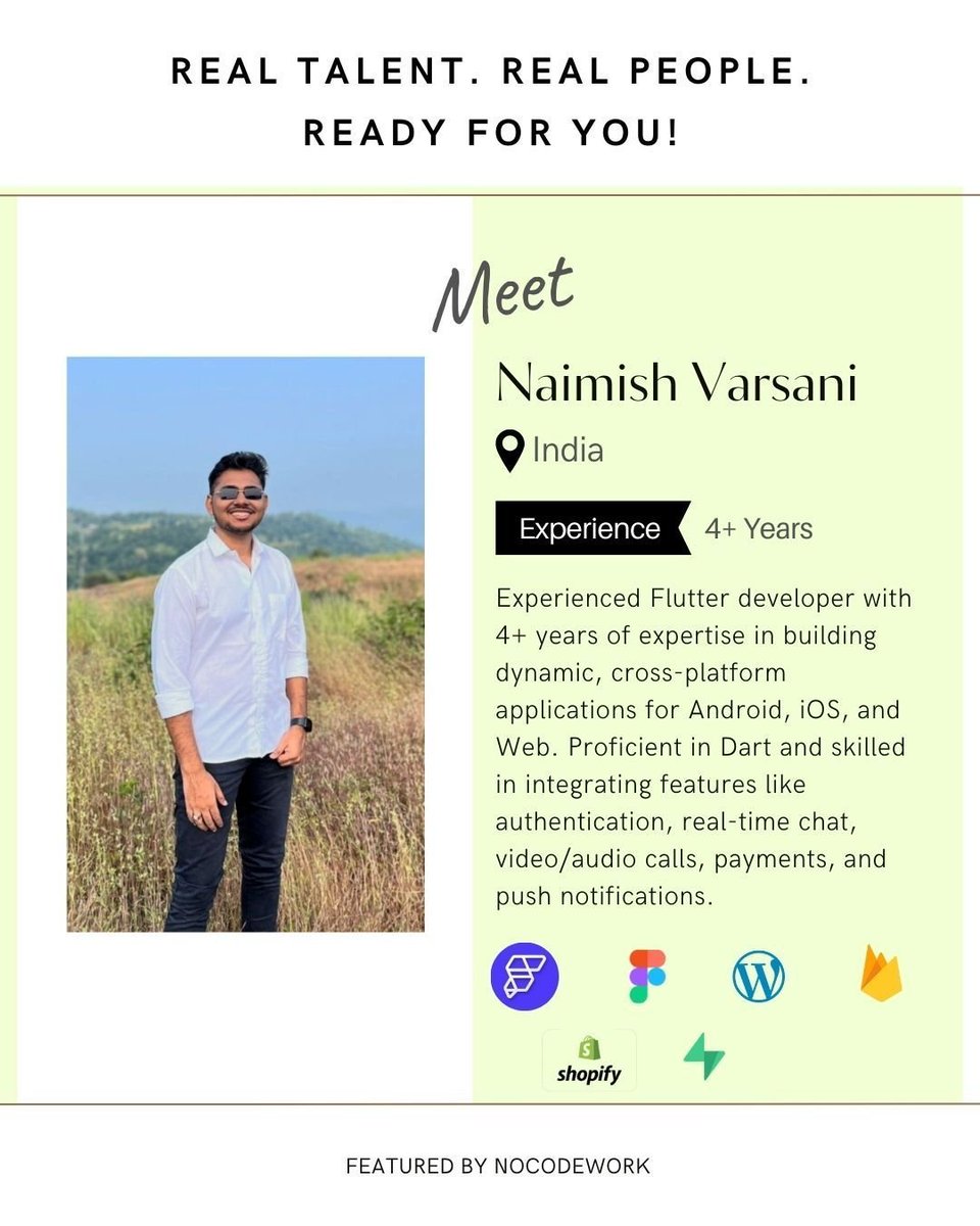 Nocode_work's tweet image. NoCode Talent Spotlight 13
Meet Naimish Varsani – a versatile developer from India with 4+ years of experience building cross-platform apps and websites using Flutter, FlutterFlow, Firebase, Supabase, WordPress, and Shopify.

Connect here: lnkd.in/gkRnEV6E

#NoCodeTalent