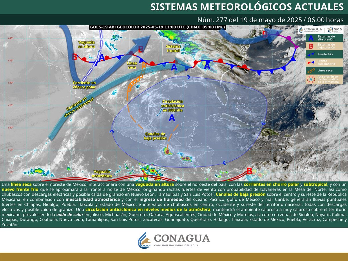 Una circulación anticiclónica, mantendrá el ambiente caluroso a muy caluroso, prevaleciendo la onda de calor en #Coahuila; así como  viento de 30 a 40 km/h con rachas de 50 a 70 km/h y tolvaneras en el Estado.
smn.conagua.gob.mx/es/pronosticos…