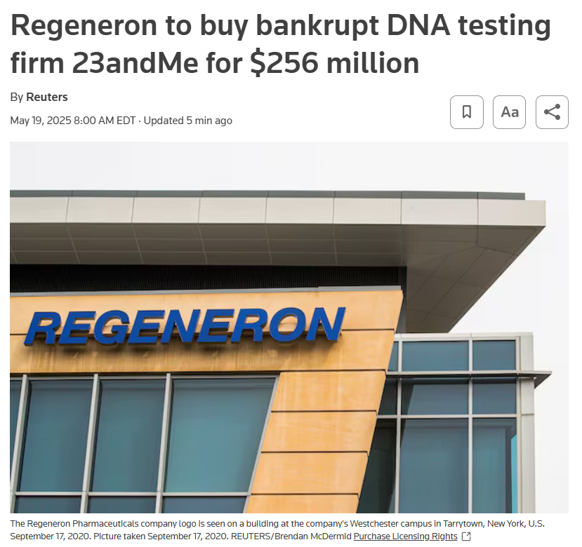 junkbondinvest's tweet photo. 23andMe sells for $256M in bankruptcy including 14M DNA samples. 

That's $18 per genetic profile. You're the product.

$ME https://t.co/3vRGyTm0Xk