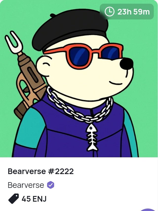 Bearverse22's tweet photo. 🐻Bearvers #2222

First Auction Bid✅
Price"45 Enj
Creator Royalties 0%

Active Know 
On :🔗⤵️ https://t.co/UfMTl8u8RR

💜#nftio #nft_io #nftdrop #nfts #FuelTheEnjin #auction
#NFTCommunity #NFTS $enj #NFT #Enjin #enj https://t.co/Ll6cRQtO4k