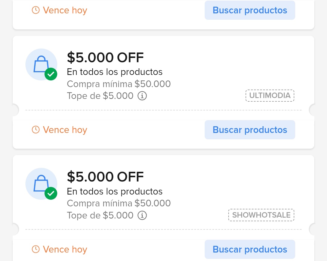 Todavia sigue el cupon de 7500 HOTSALE36
Dejo estos 2 de 5000:
 ULTIMODIA 
SHOWHOTSALE