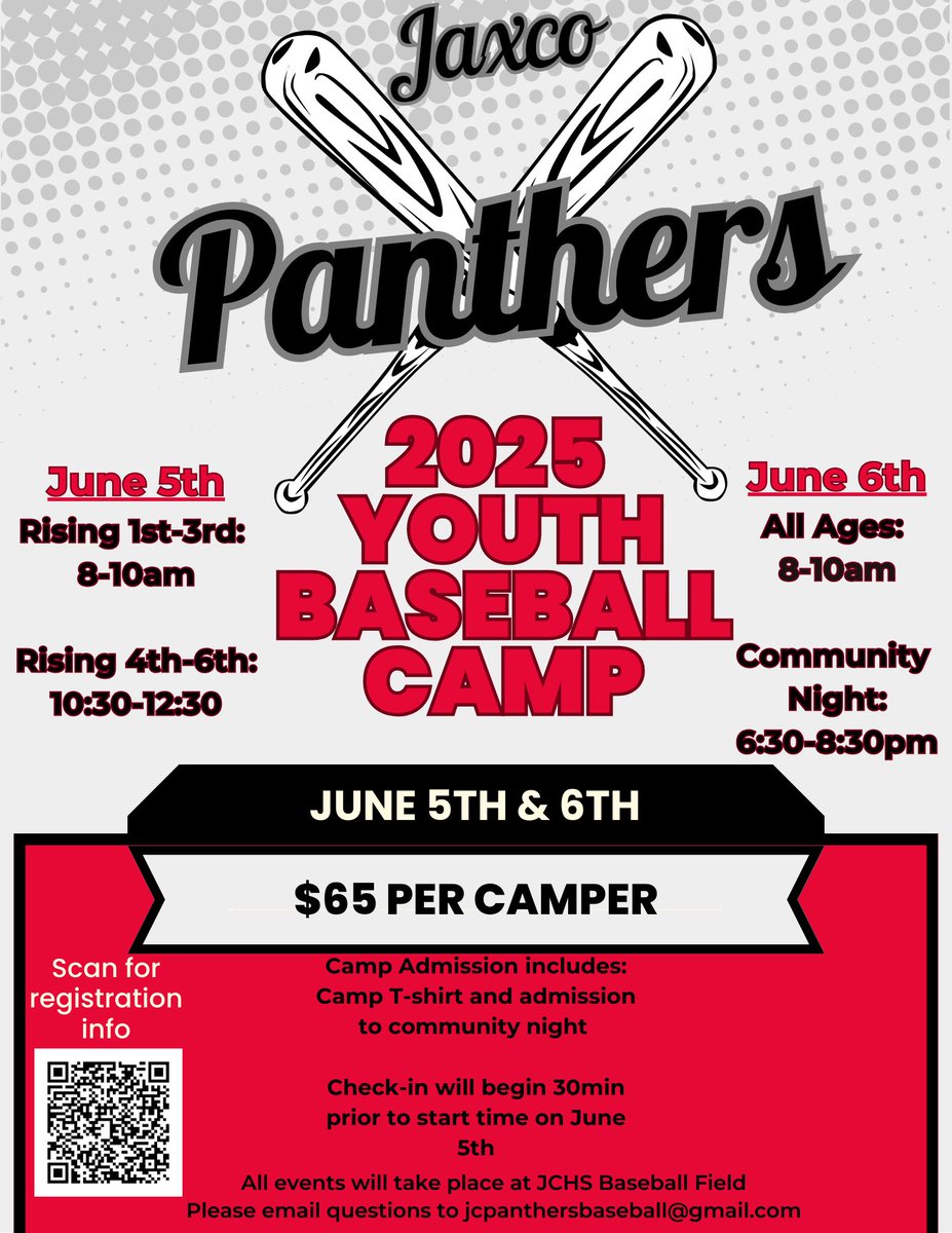 JCPANTHERBASEBALL (@jaxcobaseball) on Twitter photo 🚨ATTENTION🚨
Calling all kings of the sandlot to join us for this Summer’s Youth Camp! 
Scan the Bar code to register. 
#ProudToBeJC 🚨ATTENTION🚨
Calling all kings of the sandlot to join us for this Summer’s Youth Camp! 
Scan the Bar code to register. 
#ProudToBeJC