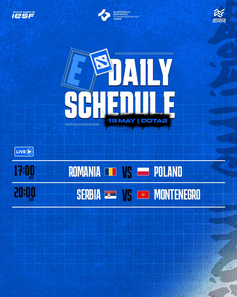 Final Group Stage Matches!

17:00 - 🇷🇴 Romania vs 🇵🇱 Poland
20:00 - 🇷🇸 Serbia vs 🇲🇪 Montenegro

After this round, we’ll know who’s heading to EEC25 Kosovo! 🇽🇰🏆

Watch it live on IESF Twitch: twitch.tv/iesf_dota2

#IESF x #EEC25
