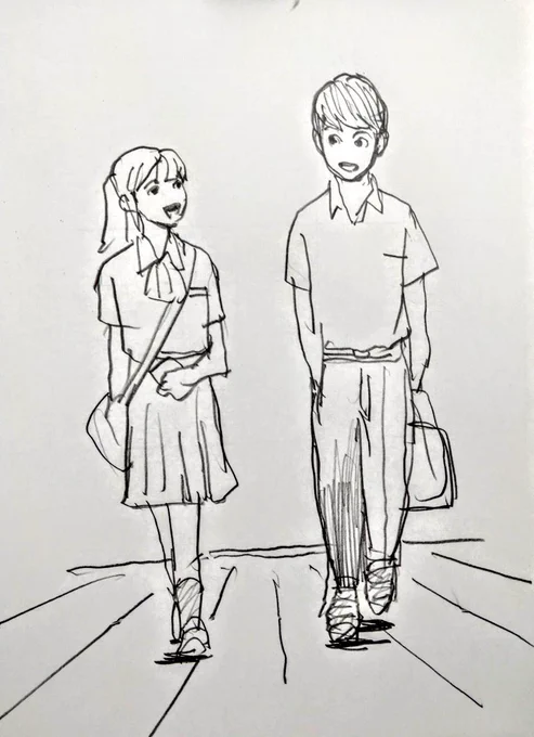 この絵は何だか好きで、何度も出してる絵です。
近過ぎず、遠過ぎず、微妙な距離を保って談笑して歩いてる学生さん。
実際に駅前で見た二人です。 