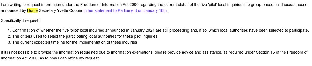 The Home Office is OVER A WEEK late responding to our FOI on the status of the 5 pilot local inquiries, with no explanation for delay. These are straightforward questions that the Home Office should readily be able to answer, unless there has been a significant change of plans