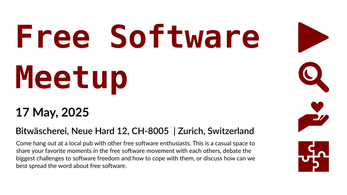 fsf's tweet image. There&apos;s almost twenty #LibreLocal #meetups scheduled, including one in #Zurich, #Switzerland! fsf.org/events/communi… #FreeSoftware #FSF40