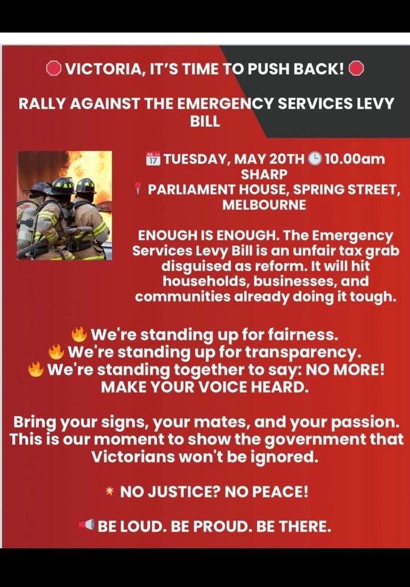 The <a href="/VictorianLabor/">Victorian Labor</a> fire tax is

🔥🔥 TAXING HEROES, BURNING VICTORIA! 🔥🔥

Sign the petition to parliament &amp; join protests to scrap it!

parliament.vic.gov.au/get-involved/p…

#TaxingHeroesBurningVictoria