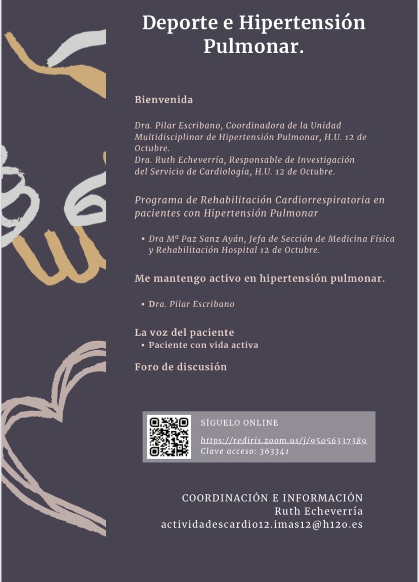 Servicio Cardiología Hospital 12 de Octubre (@cardio_h12o) on Twitter photo Hoy tenemos a la Dra. <a href="/pazsanzayan/">Paz Sanz Ayán</a>, que nos contará a pacientes y profesionales, la importancia del ejercicio en el pcte con hipertensión pulmonar 🏋🏻🫀
👇🏻
rediris.zoom.us/j/95056337389
Clave: 363341
#ejercicio <a href="/SORECAR_es/">SORECAR</a> <a href="/SERMEF_es/">SERMEF</a> <a href="/fundacionhp/">Fundación contra la Hipertensión Pulmonar</a> <a href="/ANdHP/">HipertensiónPulmonar</a> <a href="/H12Octubre/">Hospital Universitario 12 de Octubre</a> <a href="/H12O_HPulmonar/">Hipertensión Pulmonar H12O</a> Hoy tenemos a la Dra. <a href="/pazsanzayan/">Paz Sanz Ayán</a>, que nos contará a pacientes y profesionales, la importancia del ejercicio en el pcte con hipertensión pulmonar 🏋🏻🫀
👇🏻
rediris.zoom.us/j/95056337389
Clave: 363341
#ejercicio <a href="/SORECAR_es/">SORECAR</a> <a href="/SERMEF_es/">SERMEF</a> <a href="/fundacionhp/">Fundación contra la Hipertensión Pulmonar</a> <a href="/ANdHP/">HipertensiónPulmonar</a> <a href="/H12Octubre/">Hospital Universitario 12 de Octubre</a> <a href="/H12O_HPulmonar/">Hipertensión Pulmonar H12O</a>