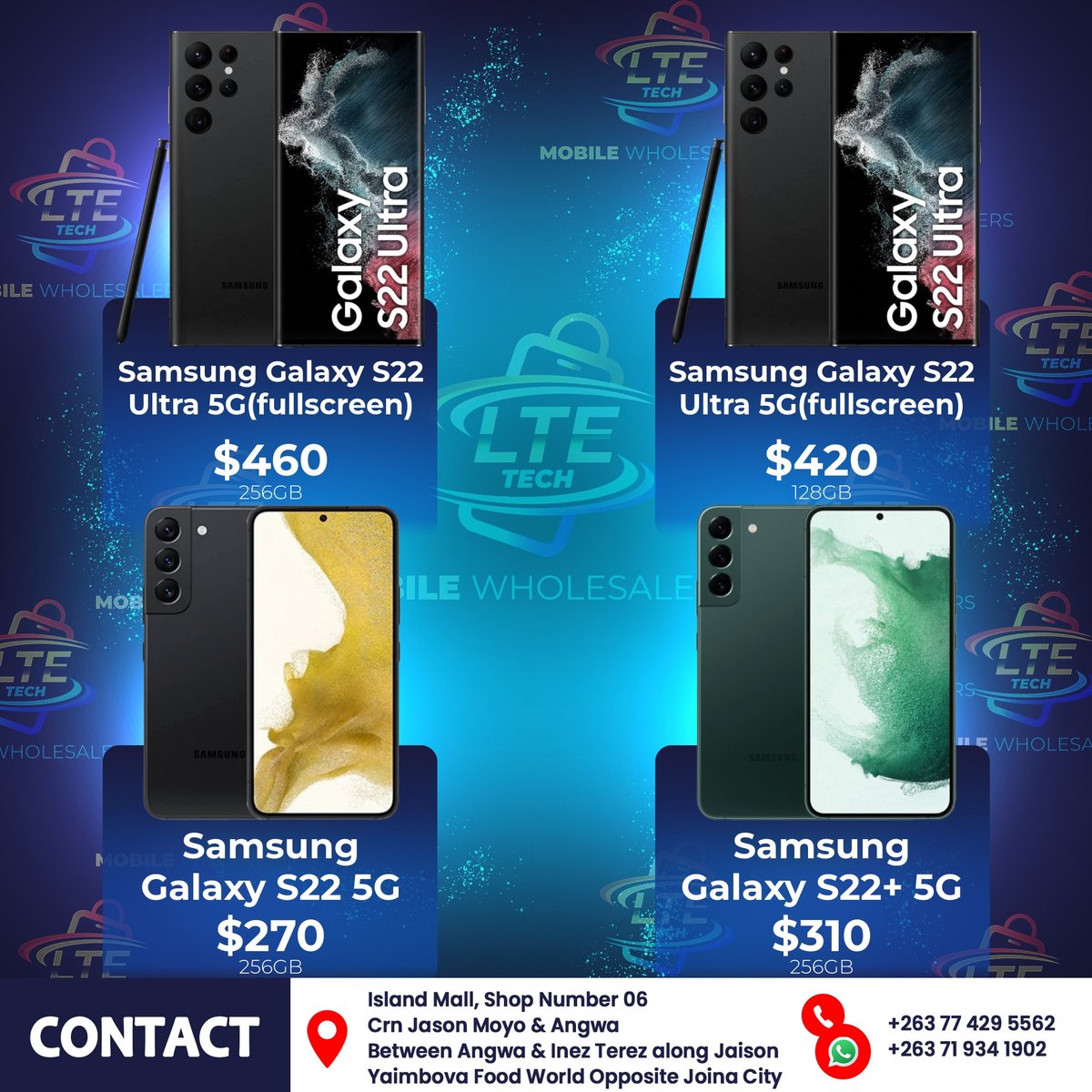 LTEtech_Boss's tweet photo. Power up your mobile experience with the Samsung Galaxy S22 series! S22 5G, S22 Ultra 5G, or S22+ 5G—all available at LTE Tech Electronics. Discover your next phone today! #UpgradeYourLife https://t.co/WtpgpEHibv