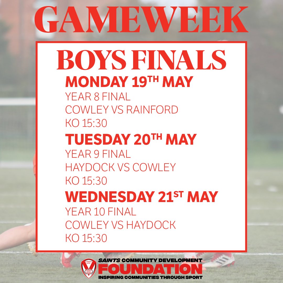 Saints Community Development Foundation (@communitysaints) on Twitter photo π¨ π¦πππ’π’ππ¦ πππ‘πππ¦ πππ ππͺπππ
Plenty of Finals action coming up this week at Ruskin Drive!
1β£ Cowley vs Rainford
2β£ Outwood Haydock vs Cowley
3β£ Cowley vs Outwood Haydock
ποΈ Β£3 Adults | Β£2 Children (Cash Only)
#Saintsandproud π¨ π¦πππ’π’ππ¦ πππ‘πππ¦ πππ ππͺπππ
Plenty of Finals action coming up this week at Ruskin Drive!
1β£ Cowley vs Rainford
2β£ Outwood Haydock vs Cowley
3β£ Cowley vs Outwood Haydock
ποΈ Β£3 Adults | Β£2 Children (Cash Only)
#Saintsandproud