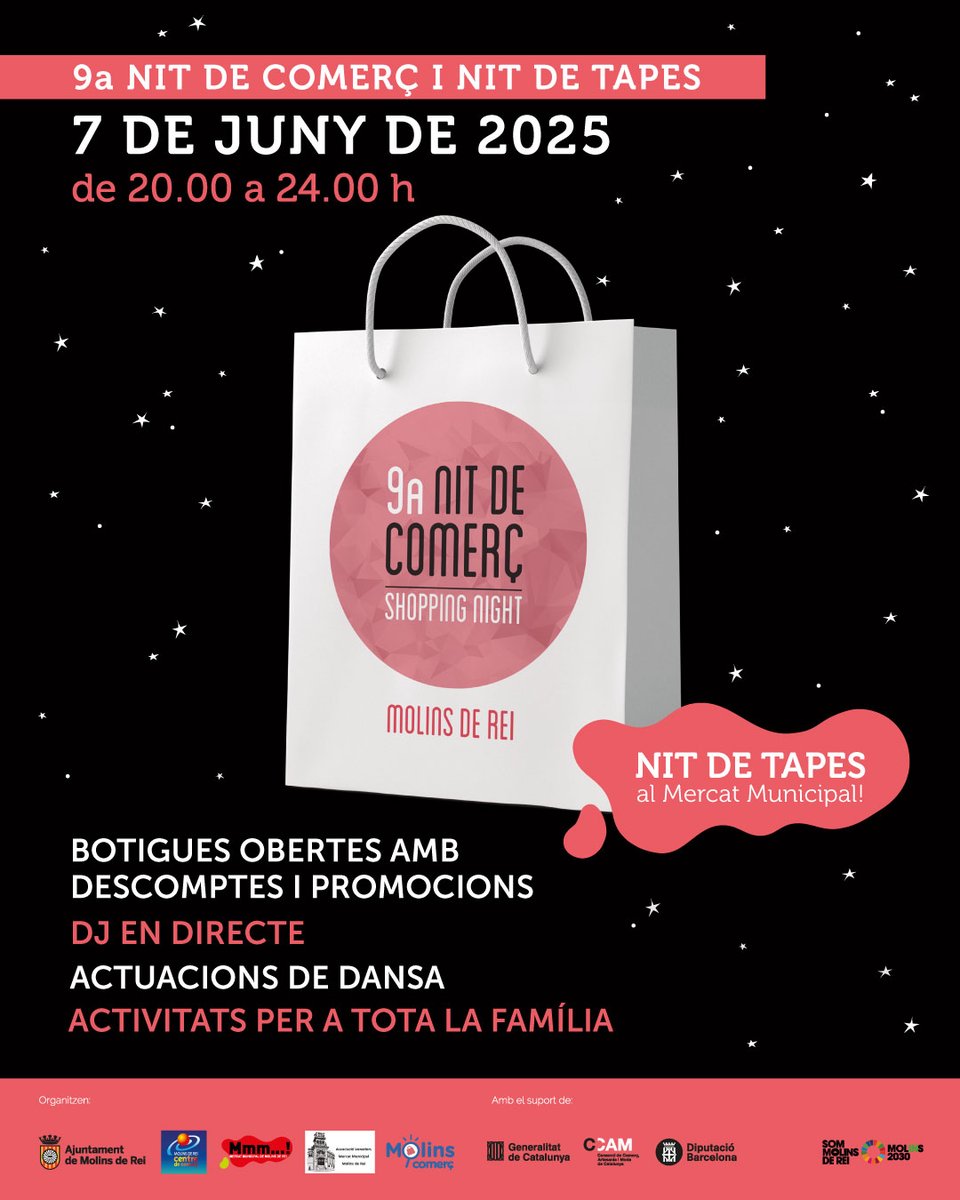 9a Nit de Comerç i Nit de Tapes de Molins de Rei!

📅Dissabte 7 de juny de 2025
⏰Des de les 20 h fins a mitjanit

#SomMolinsdeRei
<a href="/AjMolinsdeRei/">Ajuntament de Molins de Rei</a> <a href="/molinscomerc/">Molins Comerç</a>