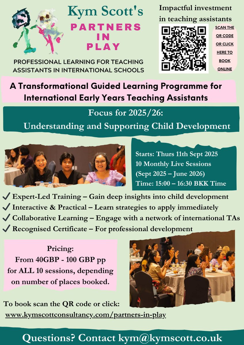 NEW ONLINE INTERNATIONAL TEACHING ASSISTANT COURSE STARTING IN SEPTEMBER - BOOKINGS OPEN NOW.
- monthly live sessions 
- convenient times 
- build your teaching assistants’ knowledge of and confidence in early childhood pedagogy

kymscottconsultancy.com/partners-in-pl…