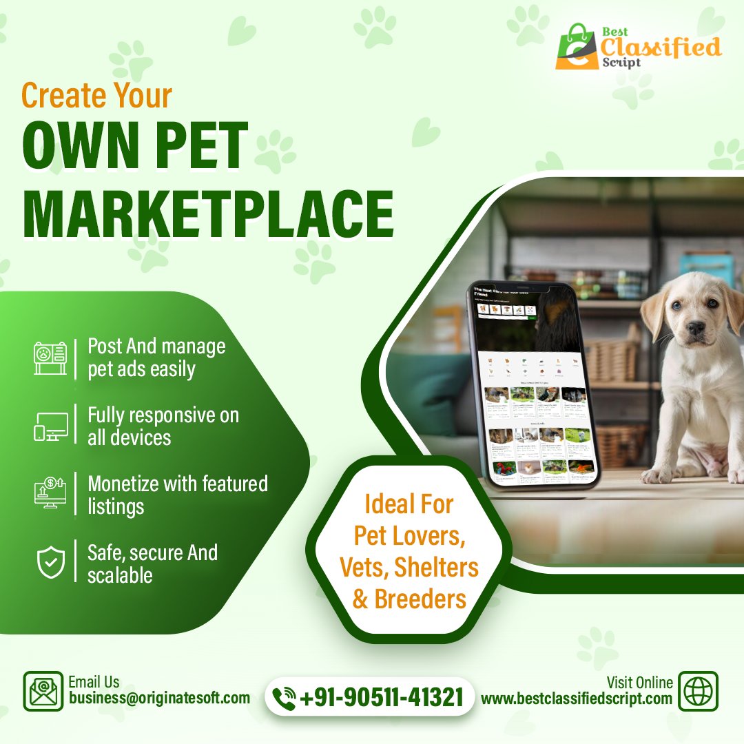 buyclassified's tweet image. 🚀 Launch Your Own Pet Marketplace Today!
Looking to start an online platform for pet adoption, sales, or services? 🐾
With #BestClassifiedScript, you can easily post & manage pet ads, earn through featured listings, and offer a seamless experience on all devices.