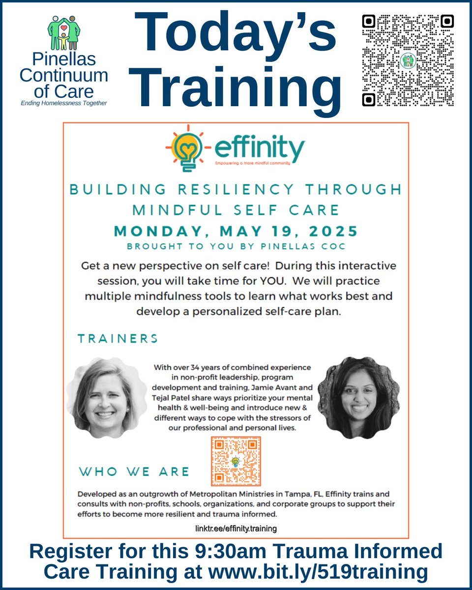 Join TODAY'S Trauma Informed Care series:
📚Building Resiliency Through Mindful Self-Care
🕤9:30–11am
📍Open to CoC members, staff &amp; volunteers
🔗bit.ly/519training
🧡Trainers: @EffinityMindful | linktr.ee/effinity.train…
💚Hosts: #PinellasCoC | PinellasCoC.org