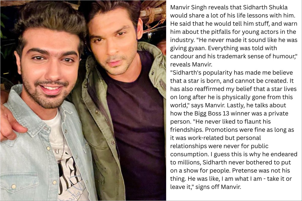 Manvir: "He never made it sound like he was giving gyaan. Everything was told with candour&amp;his trademark sense of humour
He never bothered to put on a show for people. Pretense was not his thing. He was like,I am what I am take it or leave it"
#BrokenButBeautiful3
#SidharthShukla