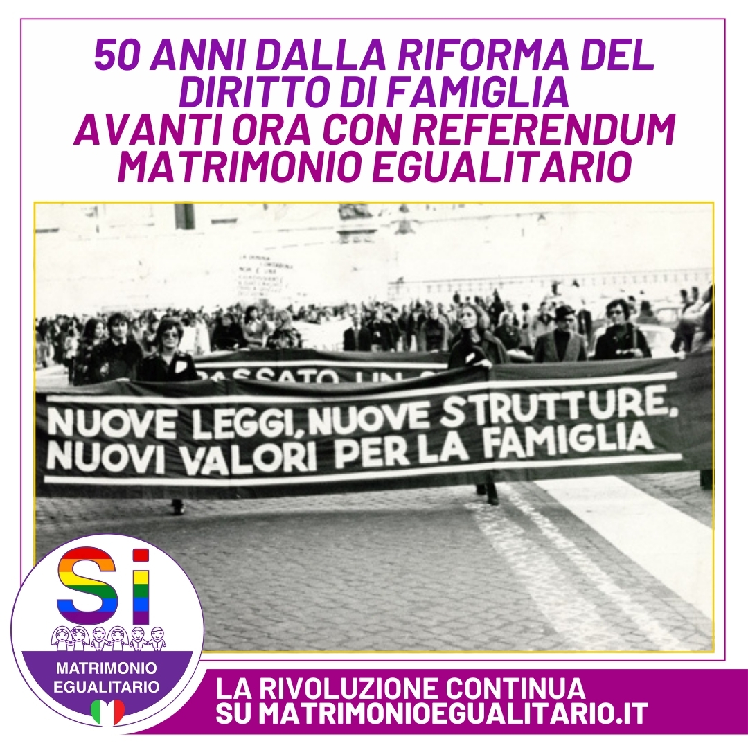 🌈 50 anni fa l’Italia riformava il diritto di famiglia, un passo storico contro il patriarcato. Oggi la rivoluzione continua: sostieni il #MatrimonioEgualitario! 🏳️‍🌈

📝 Iscriviti per sapere quando firmare il referendum
➡ matrimonioegualitario.it
#Diritti #Famiglia