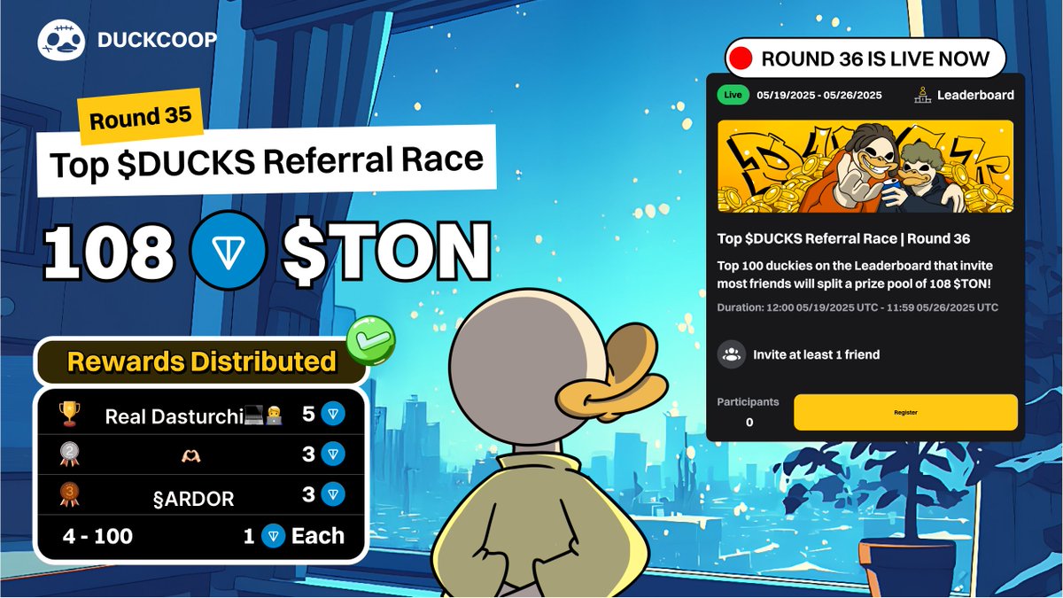 🎁 Top $DUCKS Referral Race Round 35: 108 $TON Rewards Distributed 🏆

Big congrats to the duckies who dominated in round 35 of the Top $DUCKS Referral Race!

🥇 Real Dasturchi💻🧑‍💻-  5 $TON
🥈 🫶🏻-  3 $TON
🥉 §ARDOR-  3 $TON

And for our stealthy duckies ranked 4-100 on the