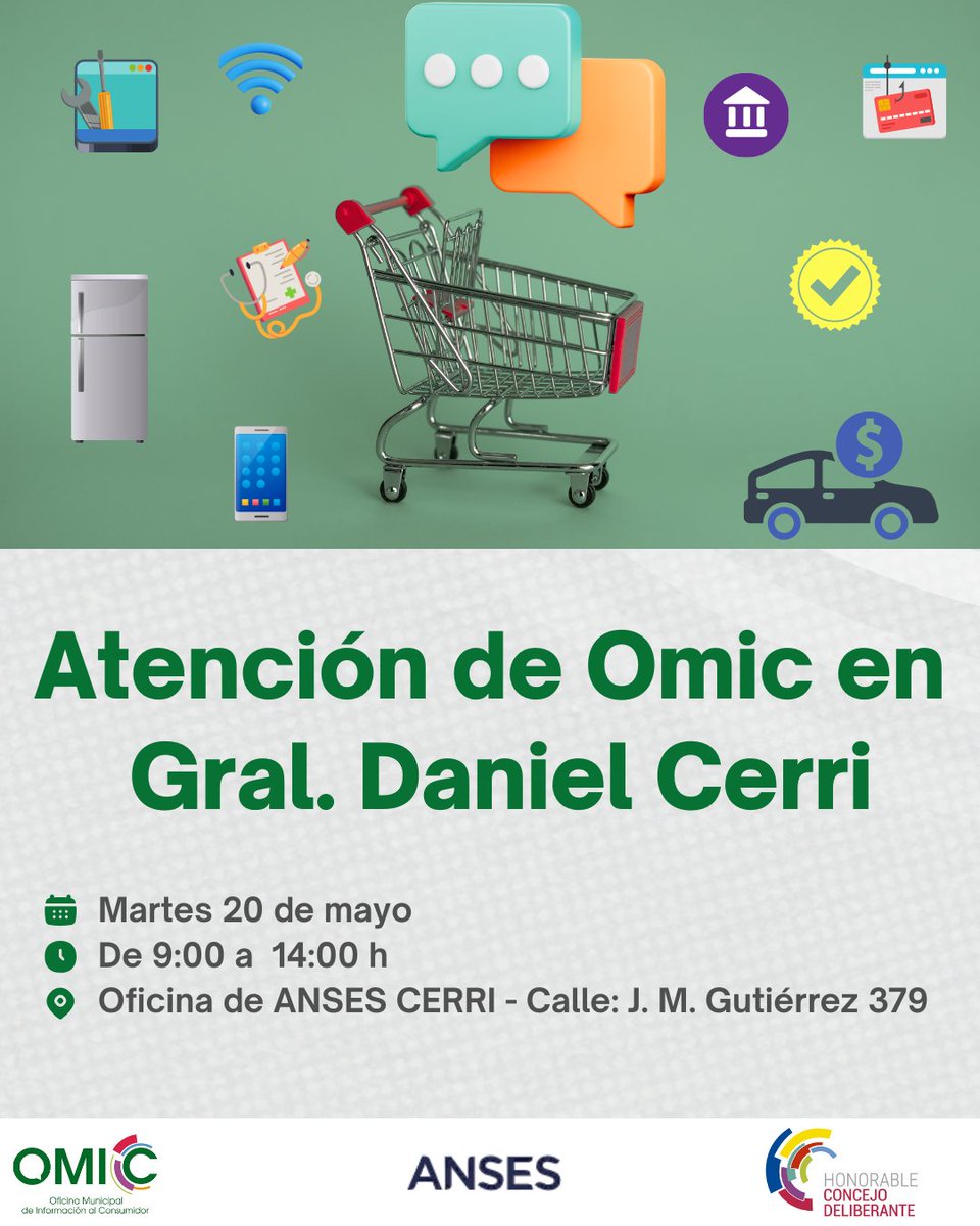 Este 20 de mayo, de 9 a 14 h, la OMIC estará en Cerri junto a ANSES.

📌 Atendemos consultas y reclamos en defensa del consumidor en José María Gutiérrez 379.

Seguimos acercando el servicio a los barrios.
#OMICBahíaBlanca #Cerri #AtenciónAlVecino #HCDBahíaB.
