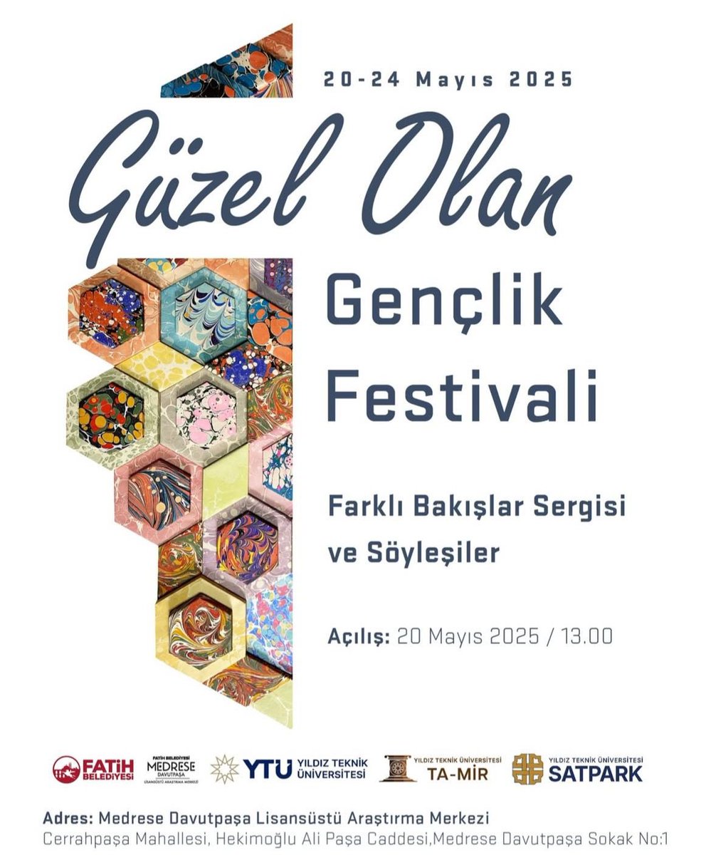 FatihBelediye's tweet photo. Geneksel ile çağdaşın buluştuğu eşsiz bir sergi...

Yıldız Teknik Üniversitesi SATPARK ve TA-MİR iş birliğiyle düzenlenen, "Güzel Olan" temalı Gençlik Festivali kapsamında gerçekleşecek "Farklı Bakışlar" sergisine davetlisiniz.

🗓️20 Mayıs Salı
⏰13.00 
📍Medrese Davutpaşa https://t.co/lCH5rcc04l