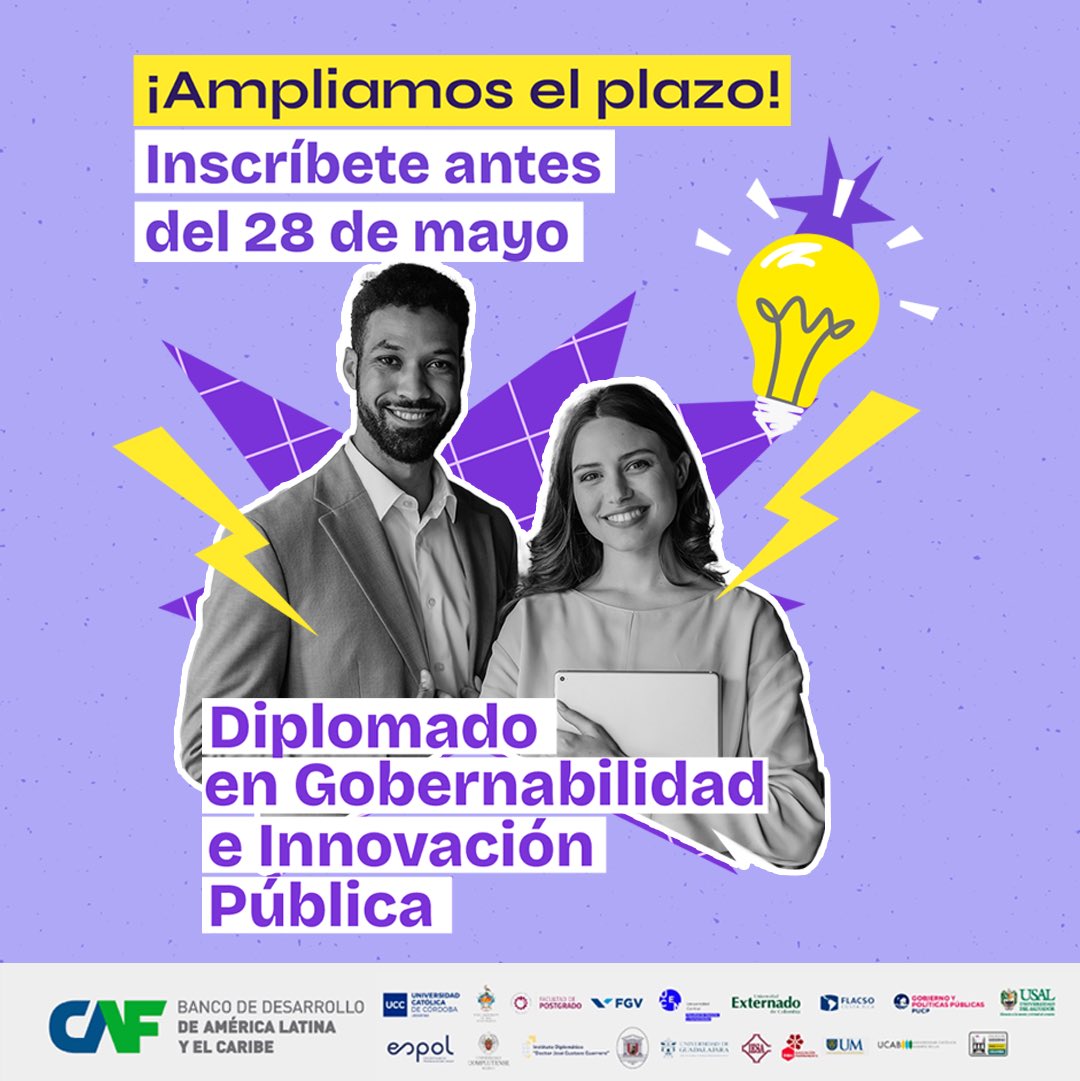 AgendaCAF's tweet image. ¡Ampliamos el plazo de inscripción! ⏳
La 4.ª edición del Diplomado en Gobernabilidad e Innovación Pública de CAF y 18 universidades de Iberoamérica extiende su convocatoria hasta el 28 de mayo.
¡Súmate a esta red de líderes que transforman la región!
Postúlate ahora y…