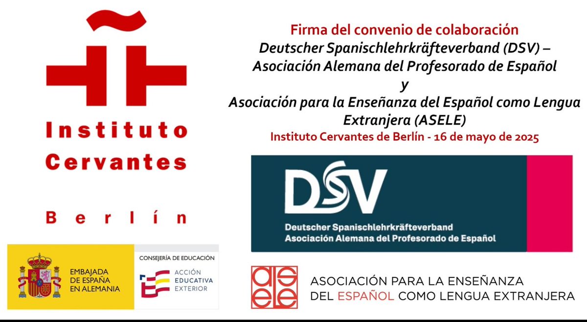 ASELE_ELE's tweet photo. 🤝ASELE firma su 6.º convenio internacional con #DSV (Asociación Alemana de Profesores de Español) en el @InstCervantes de Berlín 🇩🇪 . Un paso más para fortalecer la enseñanza del español y las redes globales de profesorado. 🌍✨ #ASELE #DSV #Español #TwitterELE https://t.co/3pHVOAJKPC