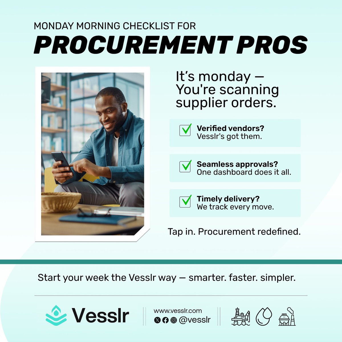 Vesslr's tweet photo. Verified vendors ✅
Seamless approvals ✅
Timely delivery ✅
Start your week the Vesslr way — smarter. faster. simpler.
Tap in. Procurement, redefined.
#OilandGas #Fintech #Procurement #Vesslr #SupplyChain #Logistics https://t.co/HvoqQQJPdm