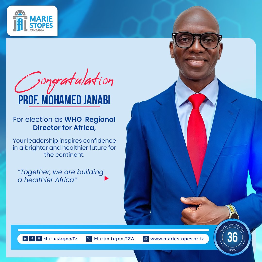 Marie Stopes Tanzania (@mariestopestza) on Twitter photo <a href="/MarieStopesTZA/">Marie Stopes Tanzania</a> extend warmest congratulations to Prof. Mohamed Yakub Janabi on his appointment as WHO Regional Director for Africa.
This milestone not only honors Prof. Janabi’s exceptional contributions to health and leadership but also shines a spotlight on Tanzania’s <a href="/MarieStopesTZA/">Marie Stopes Tanzania</a> extend warmest congratulations to Prof. Mohamed Yakub Janabi on his appointment as WHO Regional Director for Africa.
This milestone not only honors Prof. Janabi’s exceptional contributions to health and leadership but also shines a spotlight on Tanzania’s