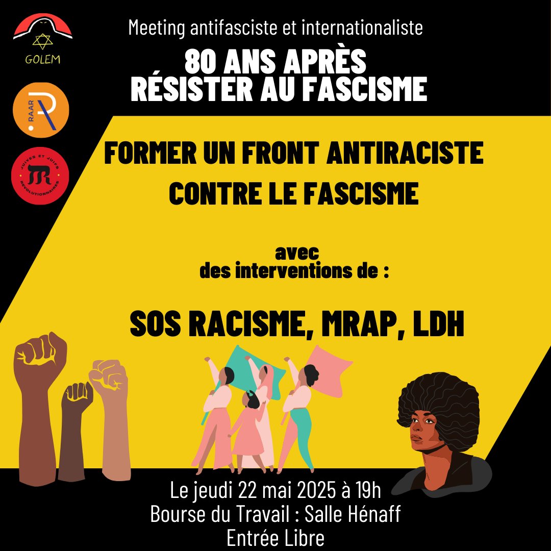 Meeting antifasciste et internationaliste  
22 mai à 19h à la bourse du travail 

Quelles stratégies pour combattre le fascisme en France ? 
Comment construire l'unité antifasciste et antiraciste ?
Défendre la solidarité internationale, la paix et l'autodétermination des peuples