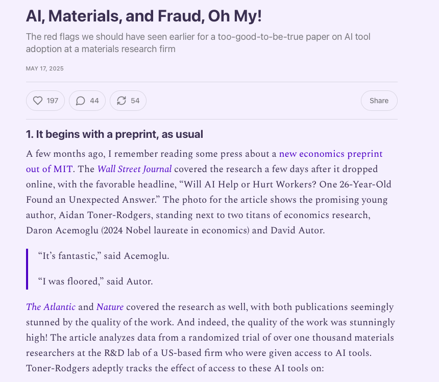 heimbergecon's tweet photo. The fabricated paper on large positive productivity effects of AI already had a Revise&amp;Resubmit at QJE; Acemoglu and David Autor had praised it.

Time to think about incentive structures in econ, when 2nd year PhD students fake papers to publish in a top-5 and gain visibility?! https://t.co/BVkNySK7V2