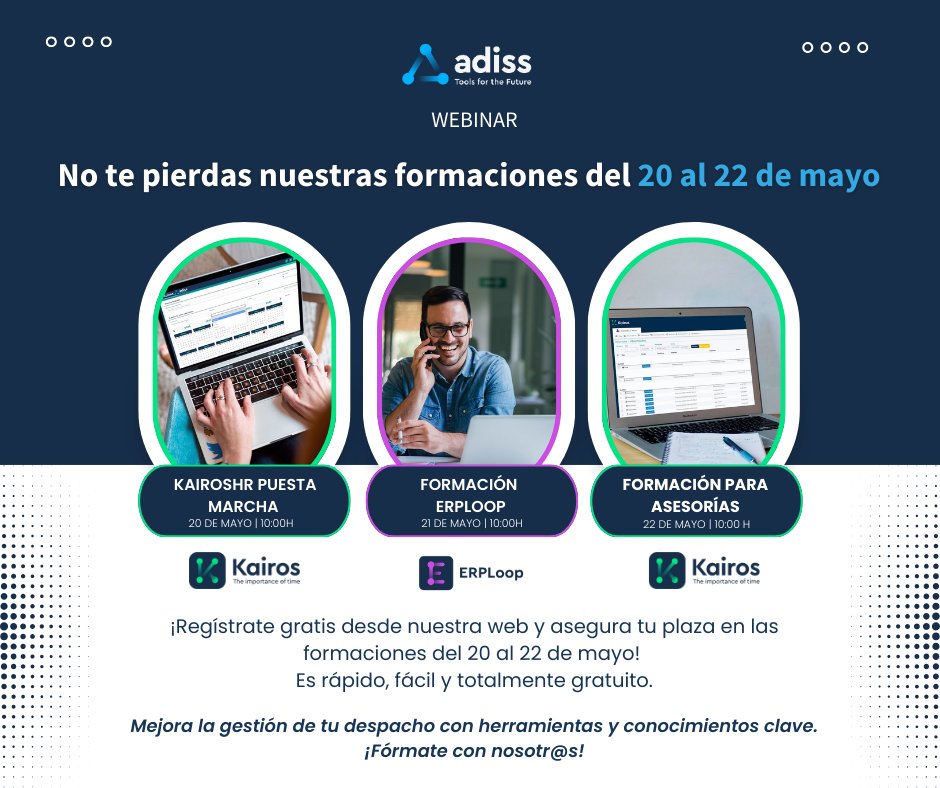 ADISSInforma's tweet image. 💼 Formación ERPLoop 🗓 21 de mayo | 10:00 h
erploop.es/formaciones-er…
📩 ¡No te lo pierdas! Apúntate o consúltanos si tienes dudas. #FormaciónDynamiko #KairosHR #ERPLoop #Asesorías #GestiónEmpresarial #DigitalizaciónEmpresas #CapacitaciónProfesional