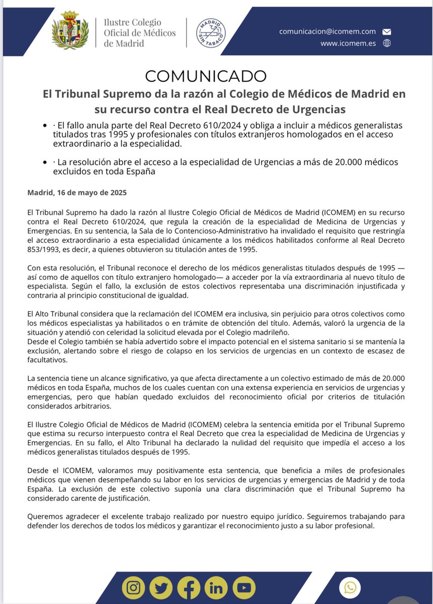 El Tribunal Suprem obre l'accés extraordinari a l'especialitat d'Urgències i Emergències a més de 20.000 professionals titulats generalistes post 95 i altres amb titulació extrangera homologada