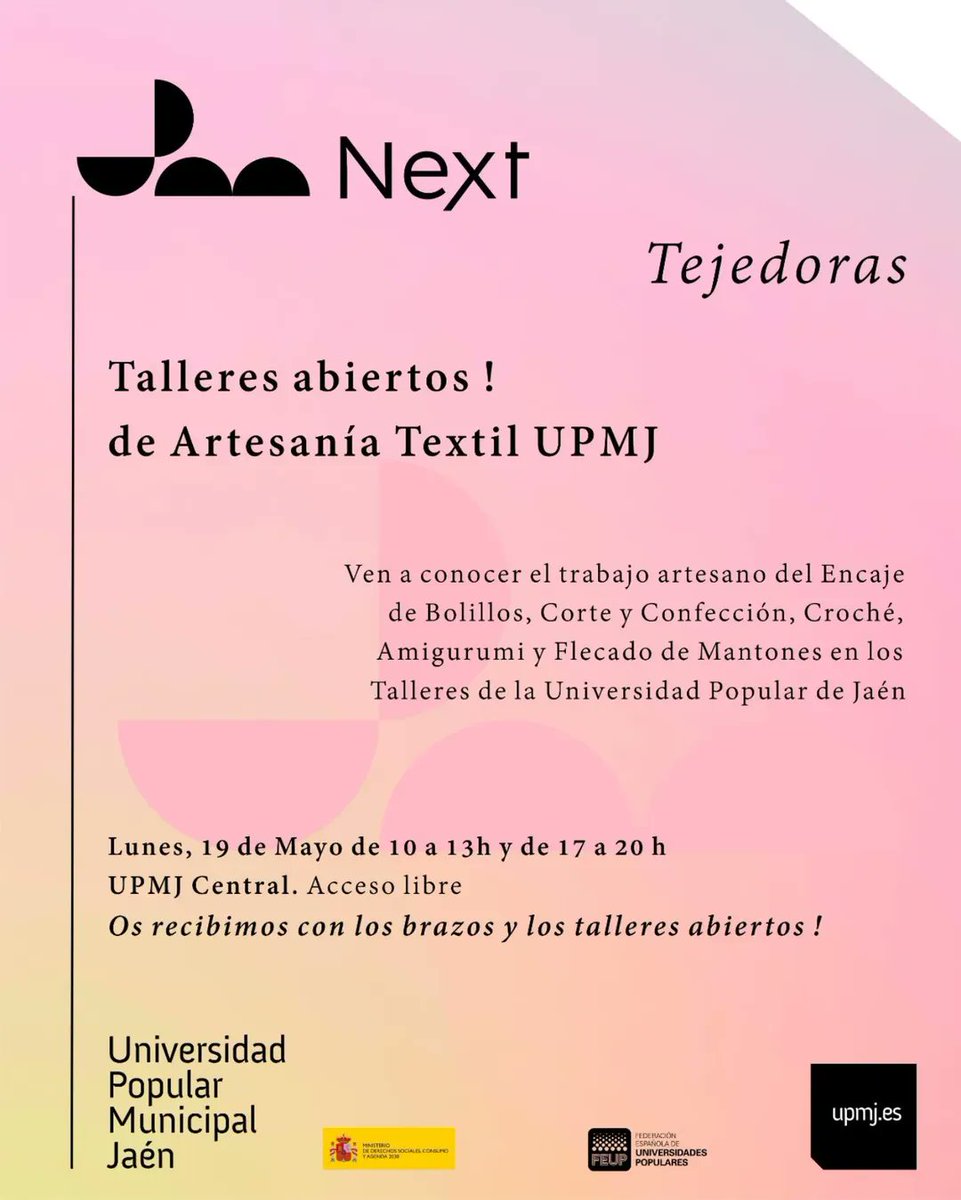 upmjaen's tweet image. Este lunes os invitamos a descubrir los talleres de Artesanía Textil de la #UPMJ !

Os sorprenderán los trabajos realizados, las cualidades #terapéuticas del #tejer y la #costura acompañando a nuestras mayores en co-aprendizaje de sus #saberes para nuevas generaciones.

@AytoJaen