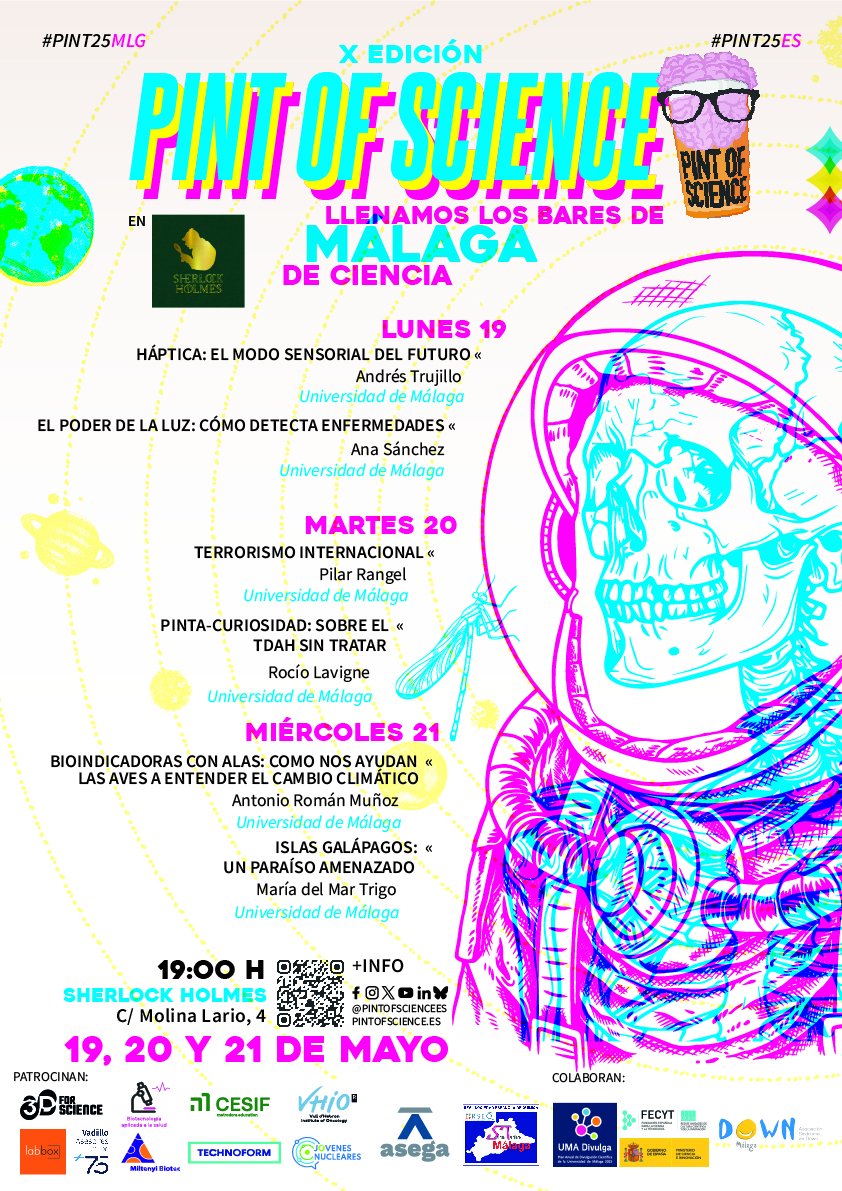 ✨¡Es hoy, es hoy! Entre hoy y este próximo miércoles, durante tres días, disfrutaremos del Pint of Science en 2 bares: Morrisey's y Sherlock Holmes 🍻
📌12 encuentros a partir de las 19:00 horas (entrada gratuita)
ℹ️umadivulga.uma.es/noticias/pint-…
#PINT25ES #PINT25MLG
