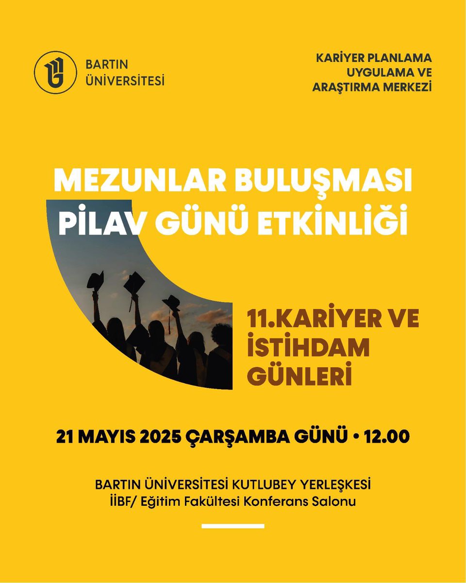 Bartın Üniversitesi Kariyer Merkezi (@bartinkariyer) on Twitter photo Her yıl düzenlediğiniz Mezunlar Buluşması Pilav Günü etkinliğinde değerli mezunlarımızla bir araya gelecek olmanın mutluluğu içindeyiz🌻
Tüm öğrenci ve mezunlarımızı bekliyoruz 🍀
🗓️ 21 Mayıs Çarşamba
⏰ 12.00
📌Kutlubey Kampüsü İİBF/Eğitim Fakültesi Avlusu
<a href="/baruedutr/">Bartın Üniversitesi</a> Her yıl düzenlediğiniz Mezunlar Buluşması Pilav Günü etkinliğinde değerli mezunlarımızla bir araya gelecek olmanın mutluluğu içindeyiz🌻
Tüm öğrenci ve mezunlarımızı bekliyoruz 🍀
🗓️ 21 Mayıs Çarşamba
⏰ 12.00
📌Kutlubey Kampüsü İİBF/Eğitim Fakültesi Avlusu
<a href="/baruedutr/">Bartın Üniversitesi</a>