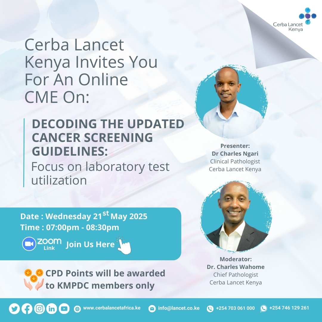 CerbaLancet_KE's tweet image. 🎯 ARE YOUR CANCER SCREENING SKILLS UP TO DATE?

Join us for a power-packed online CME as we decode the latest cancer screening guidelines — and dive deep into how laboratory tests are shaping early detection

 #EarlyDetection #LabMatters #KenyaDoctors