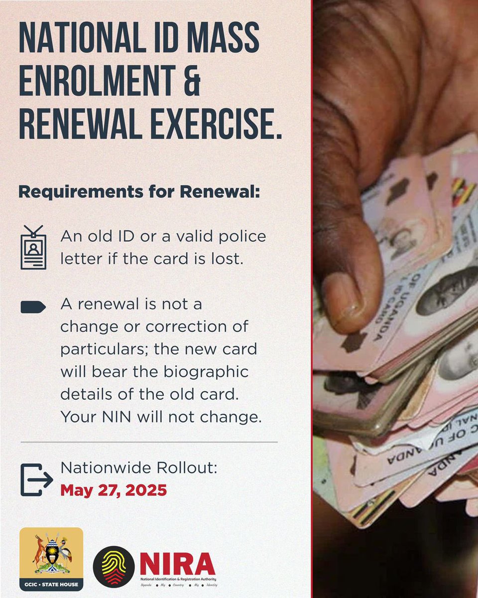 NATIONAL ID MASS ENROLMENT &amp; RENEWAL EXERCISE 🇺🇬
——————————————————-
🆕 For New Registration (Adults):
✔️ Photocopy of at least one parent’s National ID
🔁 If parents’ ID is unavailable:
• One of the four grandparents’ ID
• A blood relative who is a direct descendant of any of