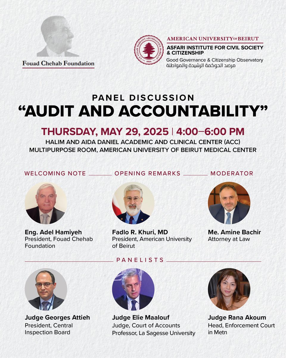 We’re bringing the conversation on audit and accountability to the forefront.

Join us on May 29 at 4PM as top judicial and governance experts discuss the role of transparency and reform in shaping Lebanon’s institutions.

Register Here: forms.gle/NNE4tLBdpHGRvs…