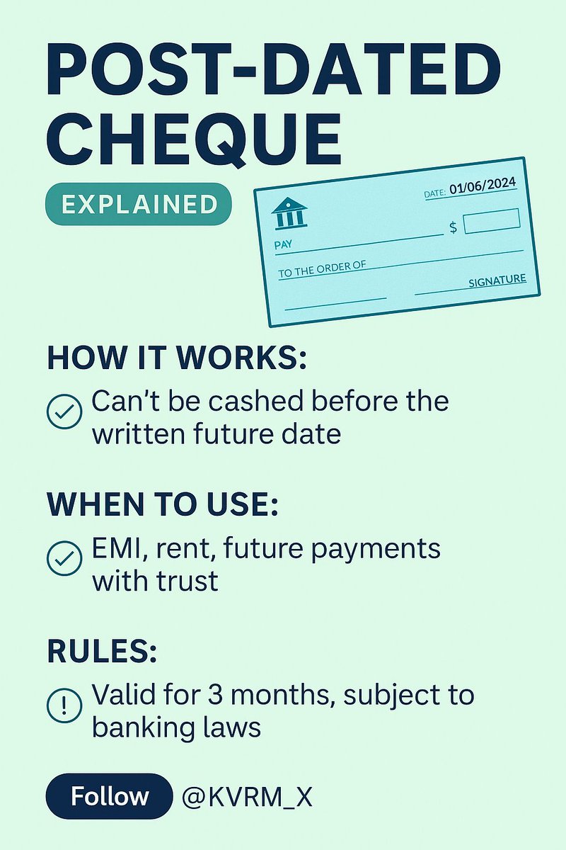 KVRM_X's tweet image. What is a Post-Dated Cheque?
It’s not just a cheque — it’s a promise for the future!
Learn how it works, when to use it, and what rules to follow.

Swipe to understand in 30 seconds
#BankingBasics #FinanceFacts #PostDatedCheque #KVRM_X