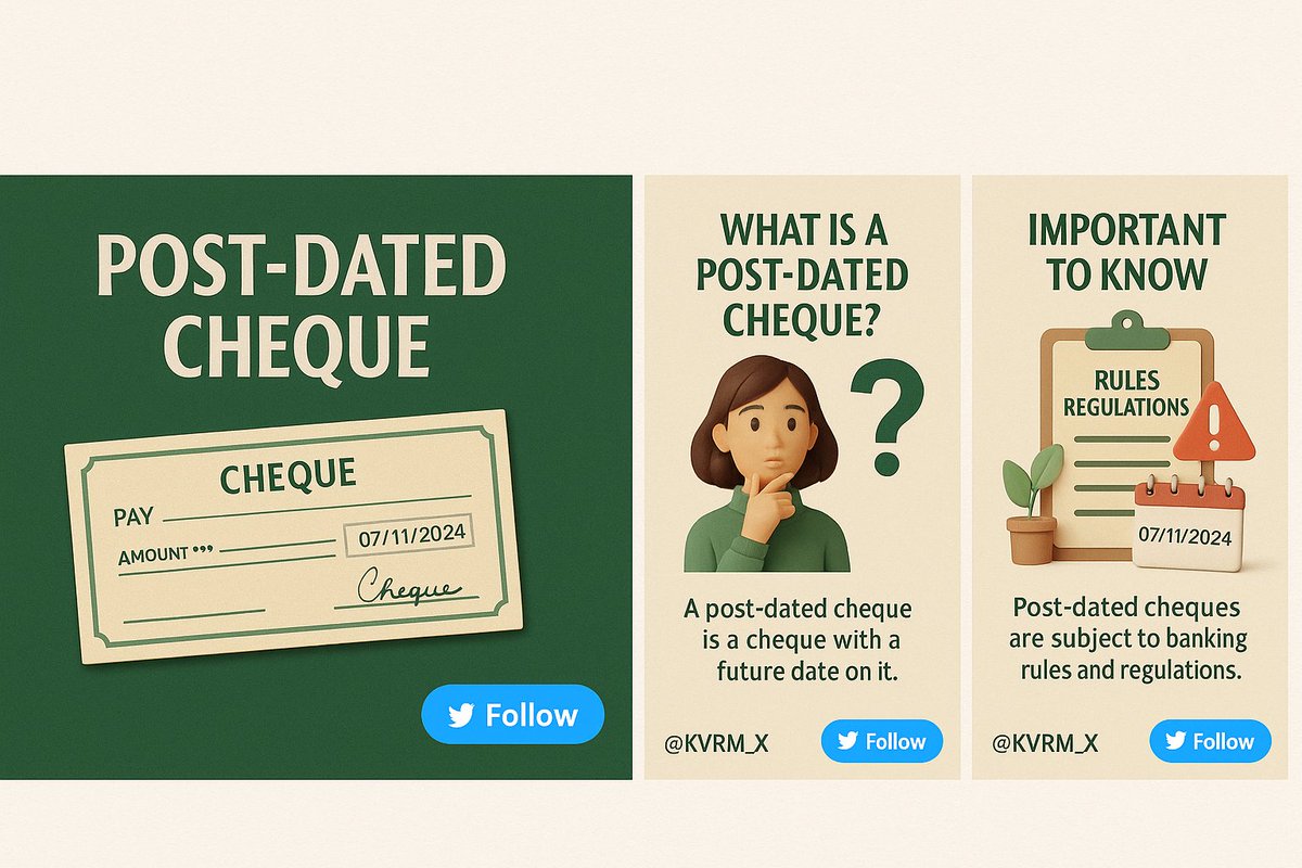 KVRM_X's tweet image. What is a Post-Dated Cheque?
It’s not just a cheque — it’s a promise for the future!
Learn how it works, when to use it, and what rules to follow.

Swipe to understand in 30 seconds
#BankingBasics #FinanceFacts #PostDatedCheque #KVRM_X