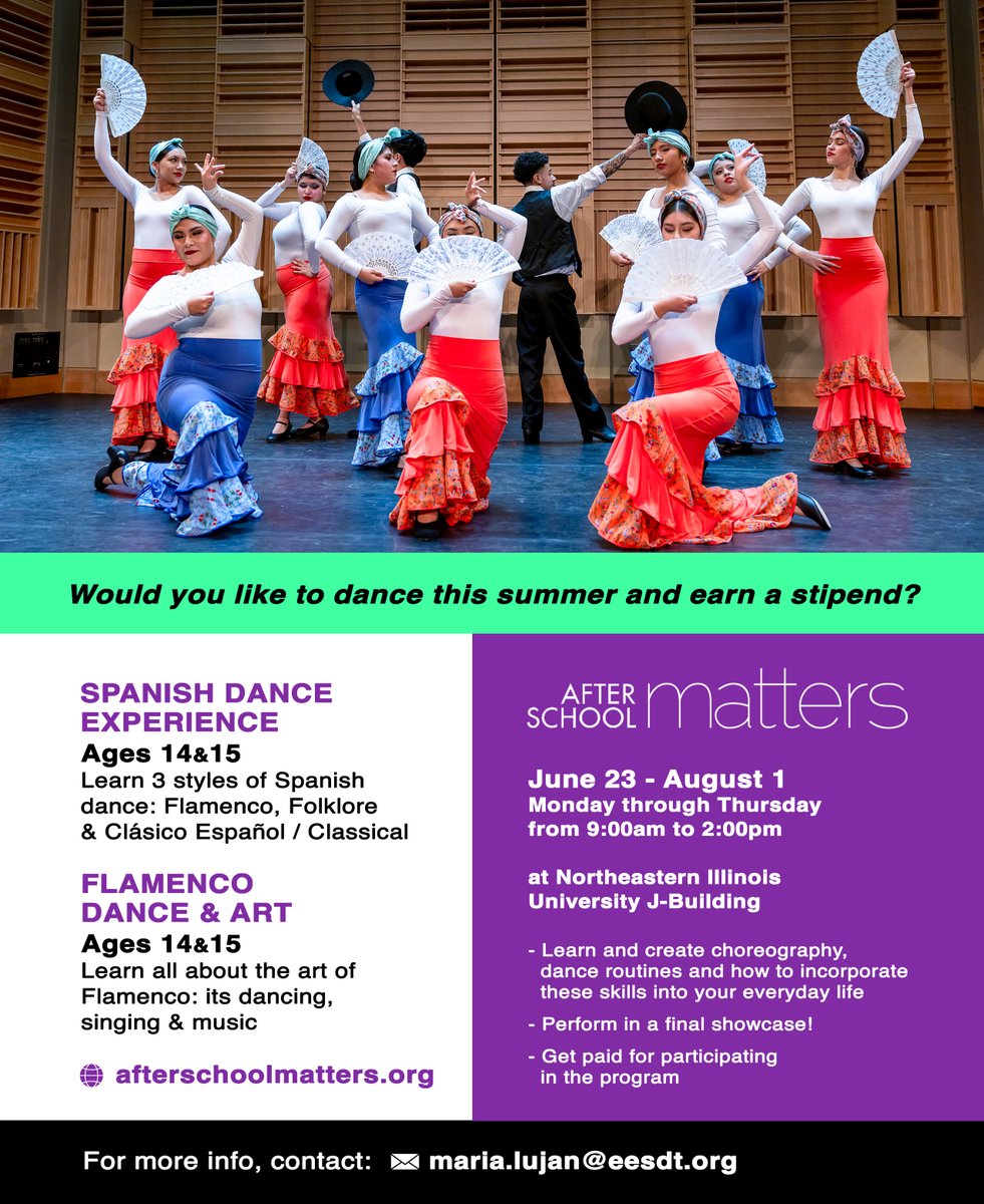 Ensemble Español (@ensembleespanol) on Twitter photo 🎉 Exciting news for Chicago teens! Would you like to dance this summer and earn a stipend?
📲 Apply here: afterschoolmatters.org/apply/
This summer, Ensemble Español teams up with After School Matters to offer TWO amazing programs!
✉️ Contact: maria.lujan@eesdt.org 🎉 Exciting news for Chicago teens! Would you like to dance this summer and earn a stipend?
📲 Apply here: afterschoolmatters.org/apply/
This summer, Ensemble Español teams up with After School Matters to offer TWO amazing programs!
✉️ Contact: maria.lujan@eesdt.org