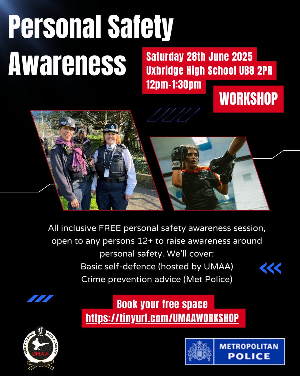 A team of non-police instructors at UMAA will be hosting a free self defence workshop on 28th June for #Uxbridge residents! Local officers will be also be there to offer advice and support. Full details below:
