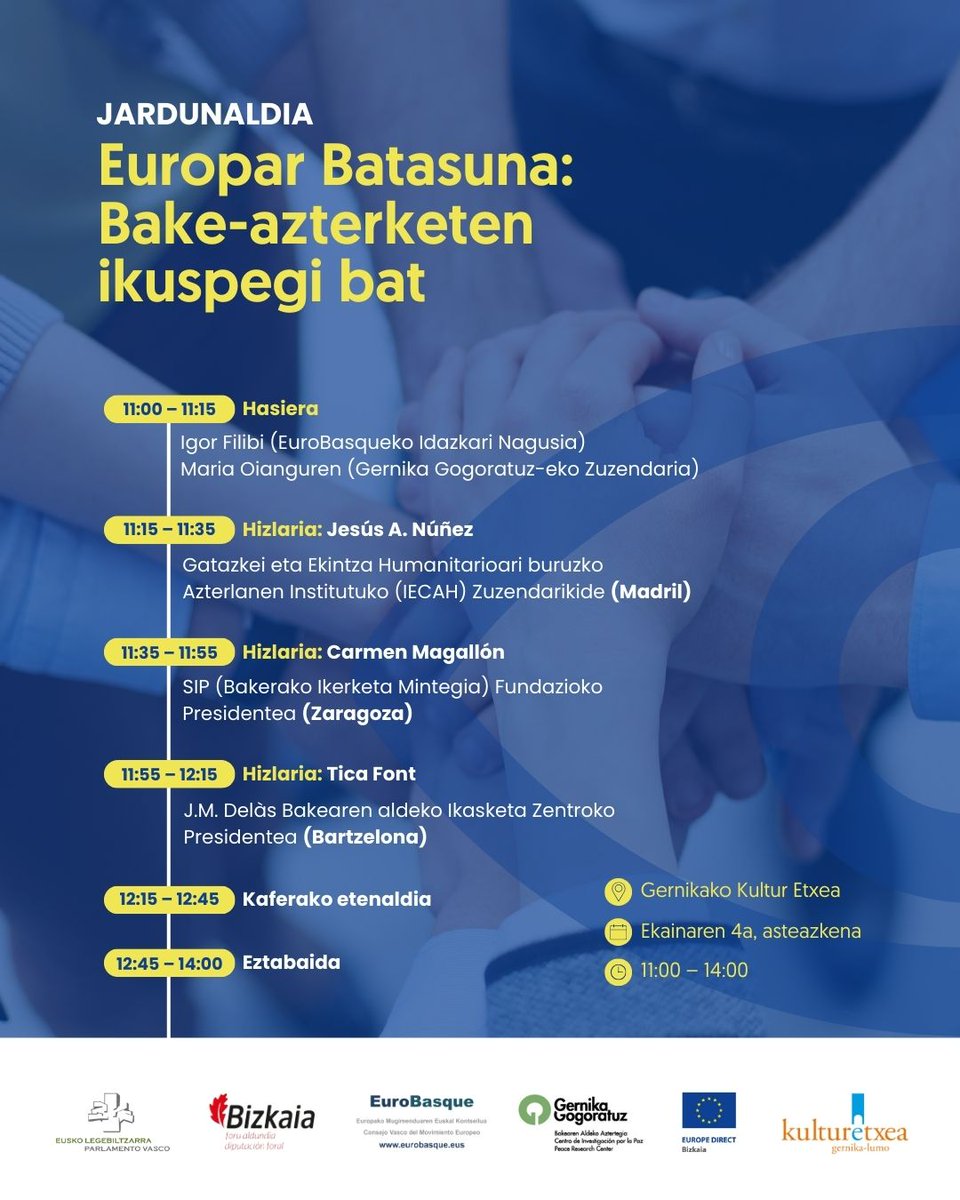 <a href="/EuroBasque/">EuroBasque</a> -k  “Europar Batasuna: Bake-azterketen ikuspegi bat” jardunaldia ospatuko du, Gernika Gogoratuz eta Europe Direct Bizkaiarekin batera, datorren asteazkenean, ekainak 4, Gernikako Kultur Etxean.
Informazio gehiago: gernikagogoratuz.org/eu/europar-bat…