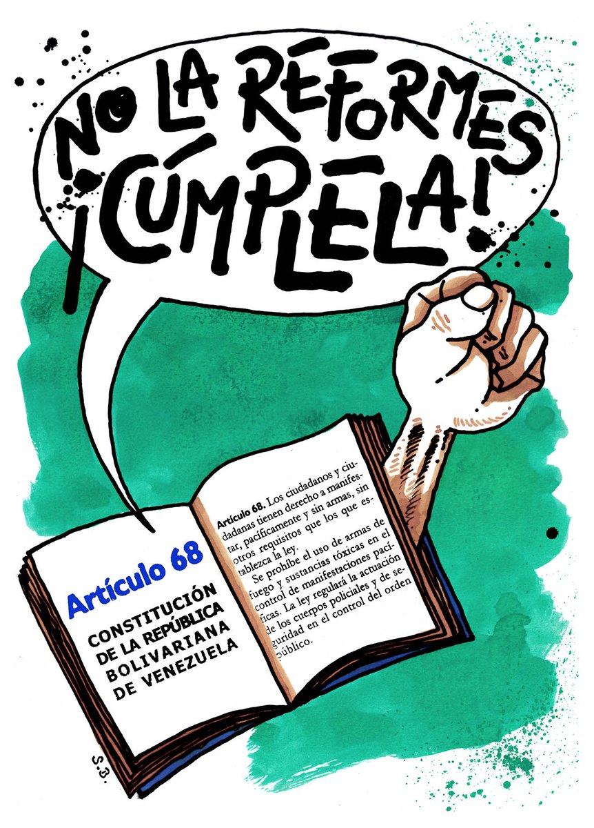 Art 68. L@s ciudadan@s tienen derecho a manifestar, pacíficamente y sin armas (...). Se prohíbe el uso de armas de fuego y sustancias tóxicas en el control de manifestaciones pacíficas. La ley regulará la actuación de los cuerpos policiales (...) en el control del orden público.