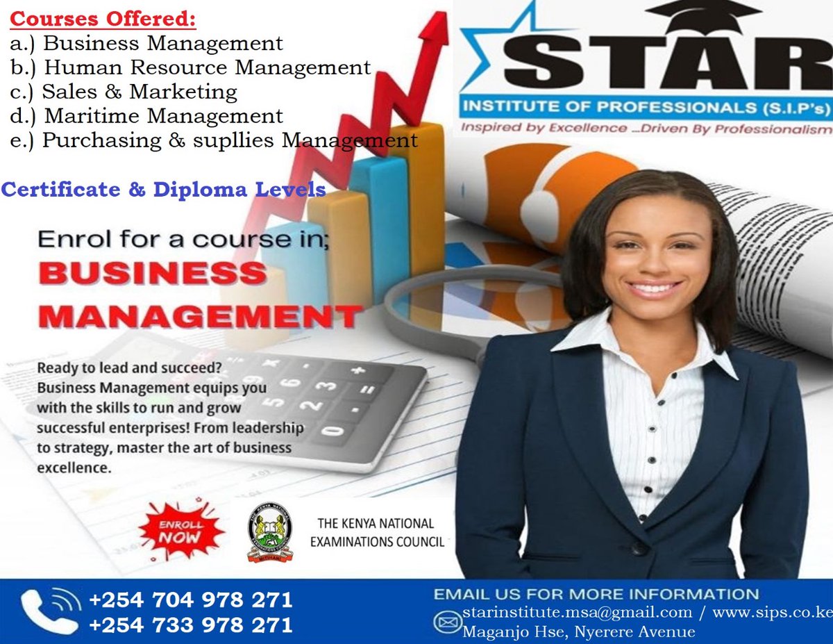 MombasaStar's tweet photo. Ready to lead and succeed? Enroll for a Certificate or Diploma in Business Management at Star Institute of Professionals and gain the skills to run and grow successful enterprises. May Intake ongoing. Don't miss out!
 #Education #mayintake2025 #Kneccourses #educationmatters https://t.co/2B90Wicys3