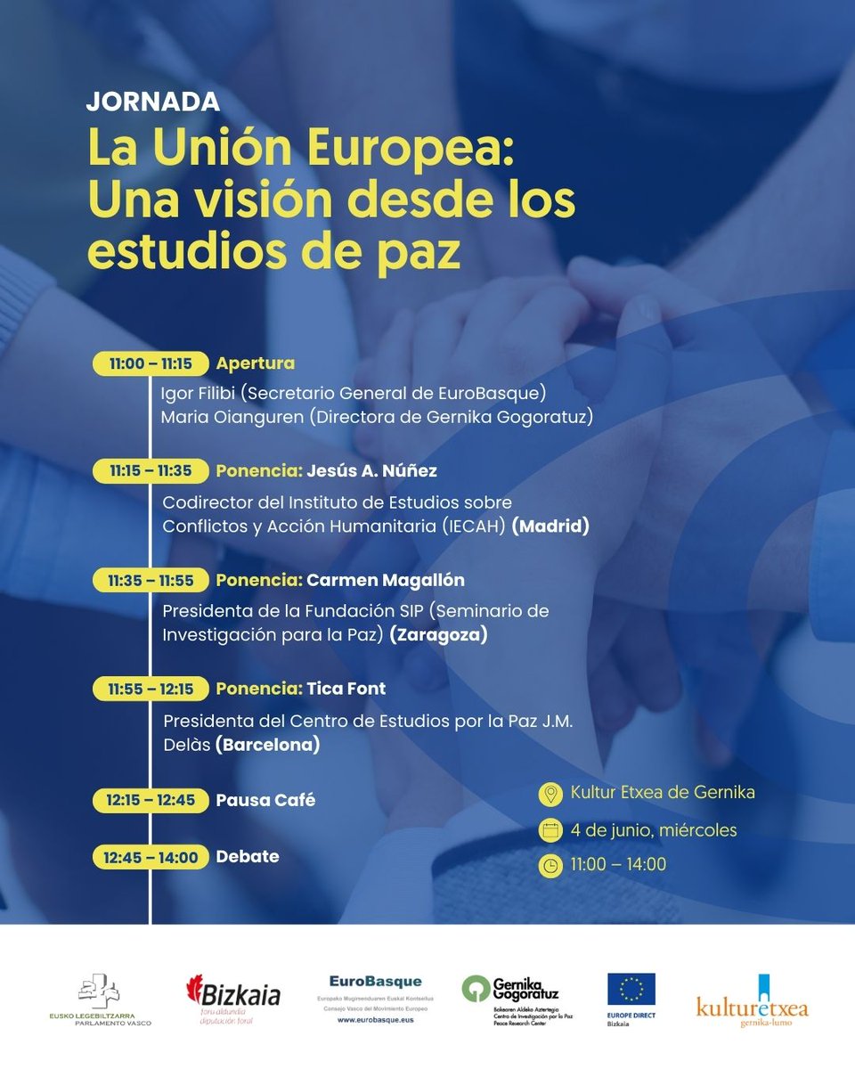 <a href="/EuroBasque/">EuroBasque</a>  celebra la jornada “La Unión Europea: Una visión desde los estudios de paz”, junto a Gernika Gogoratuz y Europe Direct Bizkaia el próximo miércoles 4 de junio en Kultur Etxea de Gernika.

Más información: gernikagogoratuz.org/jornada-por-la…
