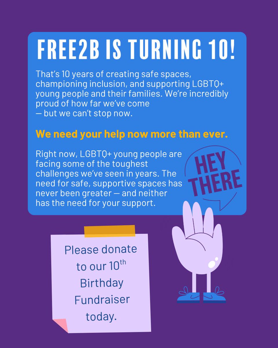 We need your help now more than ever.
Every donation helps us continue providing vital support. 💜

Please consider donating to our 10th Birthday Fundraiser today.

👉peoplesfundraising.com/fundraising/10…

#10yearsofFree2B