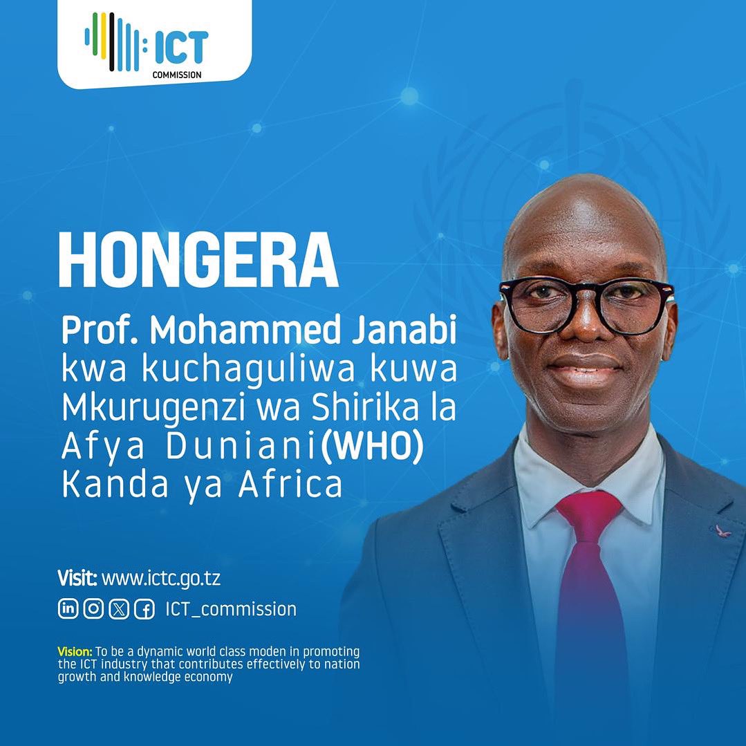 TUME ya TEHAMA inakupongeza kwa dhati Prof. Mohammed Janabi <a href="/ProfJanabi/">Prof. Mohamed Janabi</a> 
Kwa kuchaguliwa kuwa Mkurugenzi wa Shirika la Afya Duniani (WHO) – Kanda ya Afrika <a href="/WHOAFRO/">WHO African Region</a> 

#HongeraProfJanabi 
#KiongoziWaMabadiliko 
#DigitalHealth
#AfyaNaTeknolojia <a href="/wizaramth/">Wizara ya Mawasiliano na Teknolojia yaHabari</a>