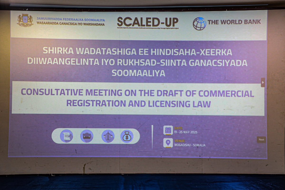 Happening Now ! 
Big Day for Somali Businesses! 
The Ministry of Commerce, with support from the @ScaledUpProject, is hosting a Consultative Meeting on the draft Commercial Registration &amp; Licensing Law. Join us to shape a brighter future for trade &amp; investment in Somalia.