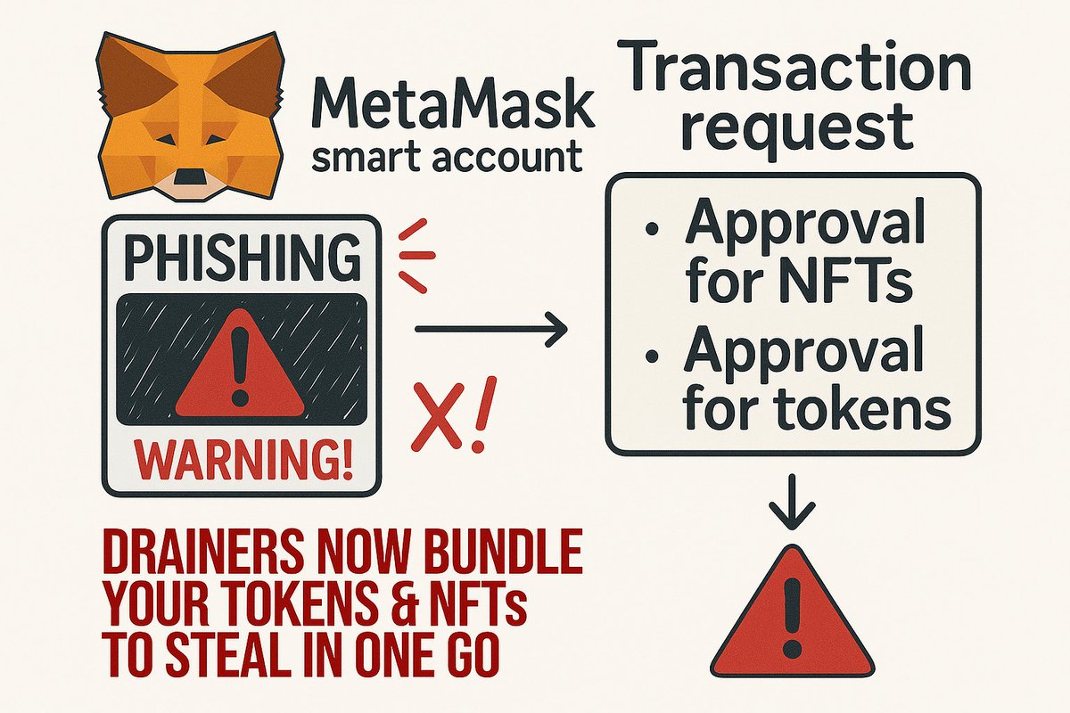 wiimee's tweet image. Wallet drainers love the new EIP-7702 smart accounts.

One click to connect.
One click to approve NFTs AND tokens.

Chances are, you don't even notice.

Drainers now bundle approvals to steal in one go.

How the attack works and how to stay safe  👇